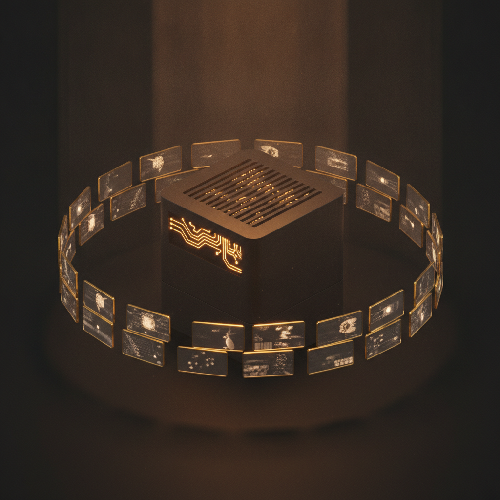 Isometric render of a compact matte black desktop machine with glowing amber internal conduits, ringed by floating translucent gold-edged image panels, standing for a self-hosted agent orchestrating image work locally