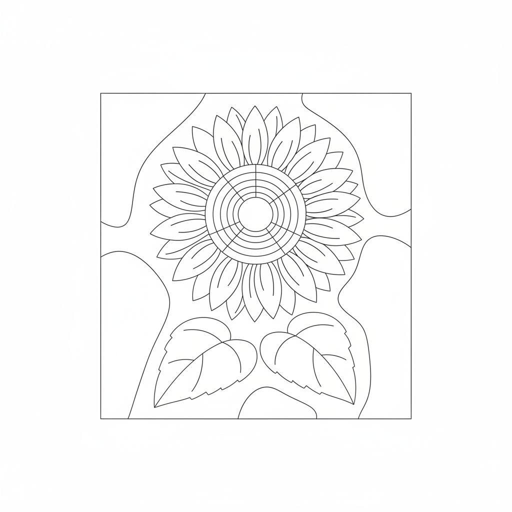 AI paint by numbers generator example — a clean sunflower outline template with completely empty regions and no numbers