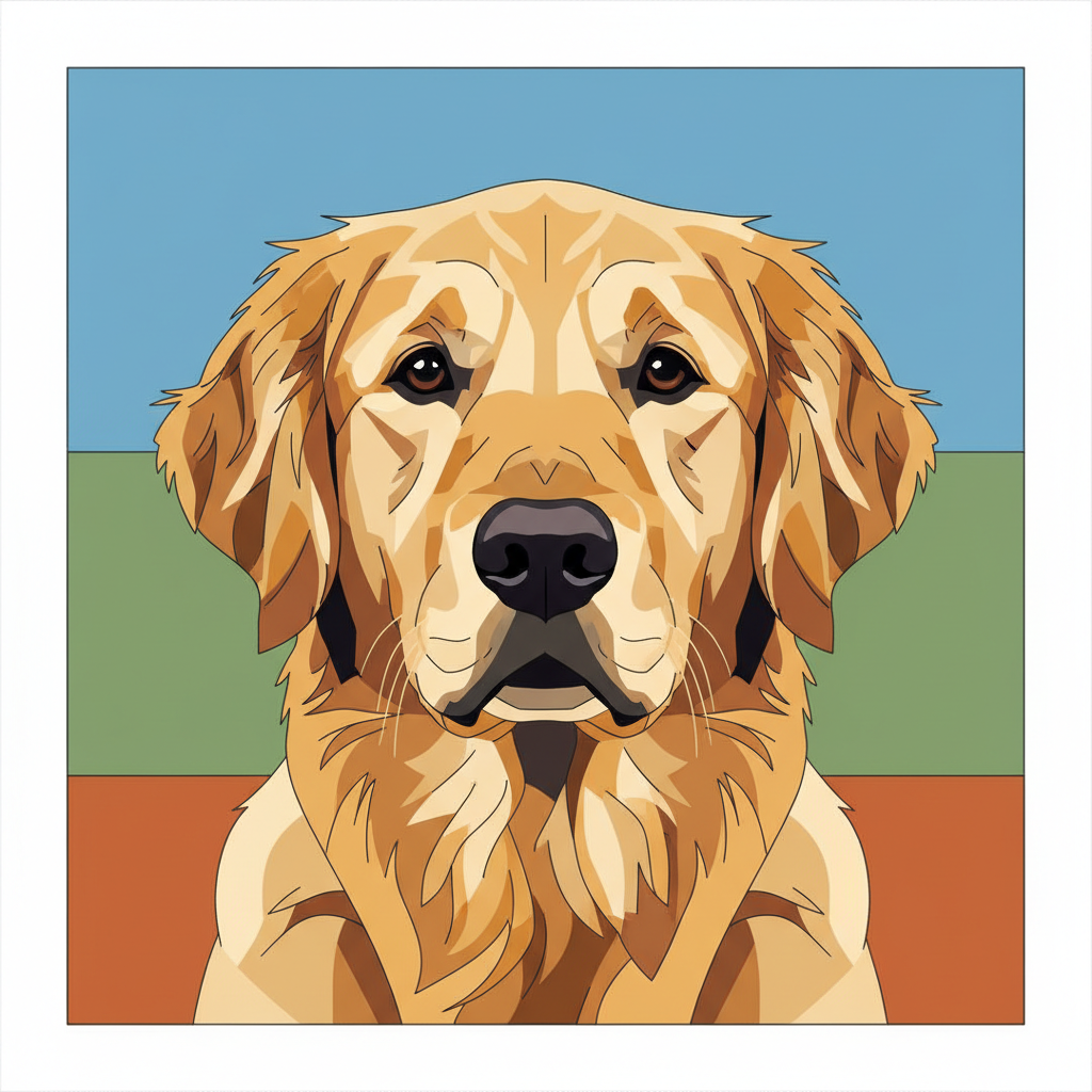 AI paint by numbers generator example — a golden retriever portrait built from flat colour regions in the finished paint by numbers style