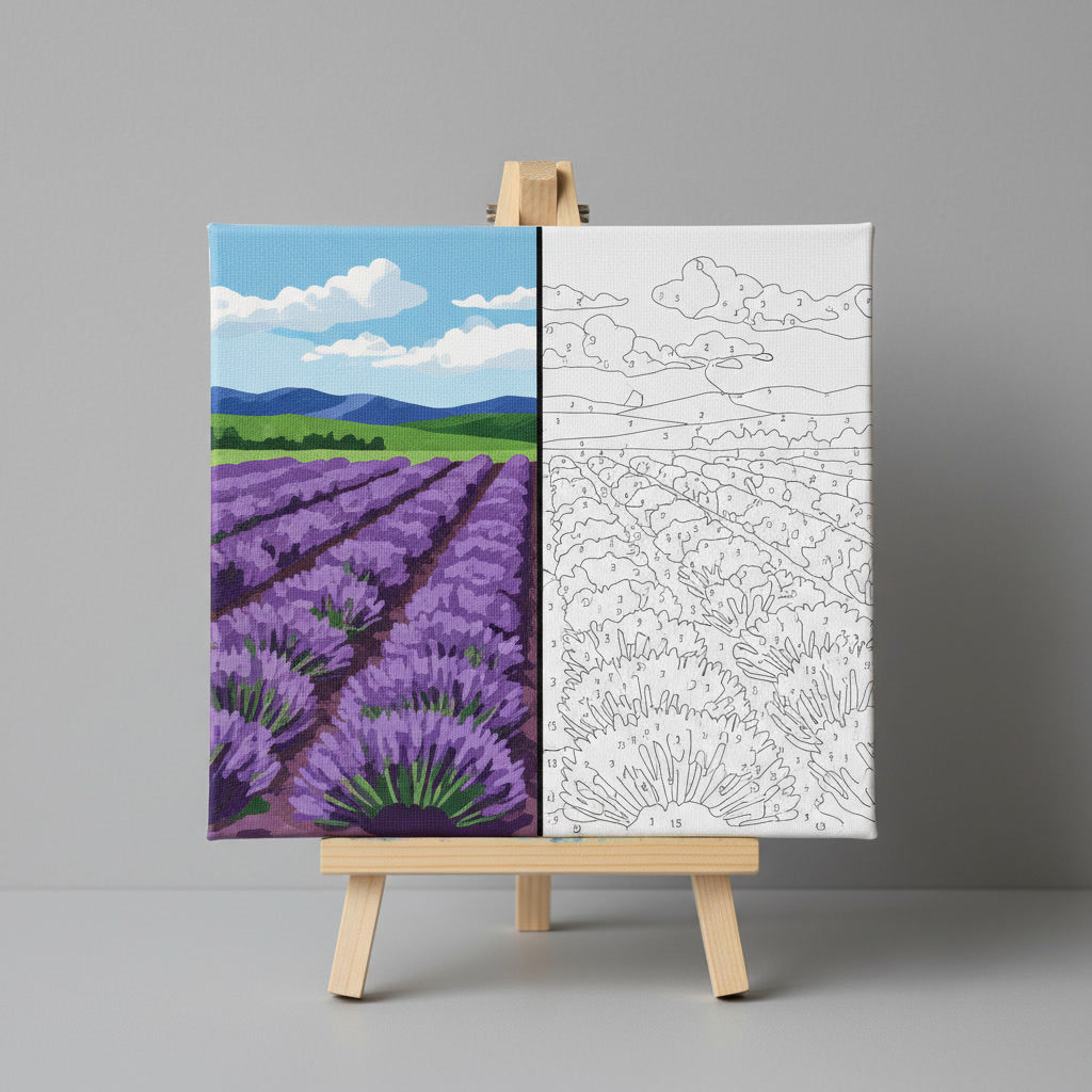 AI paint by numbers generator example — a canvas on an easel with the left half painted in flat colours and the right half still an outline template