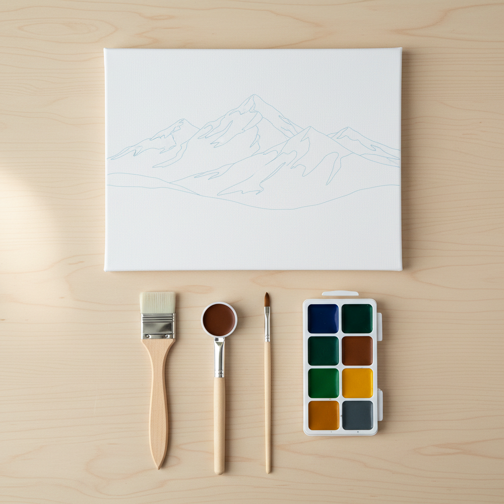 AI paint by numbers generator example — an overhead flat lay of a paint by numbers kit with a canvas, brushes and a tray of paints
