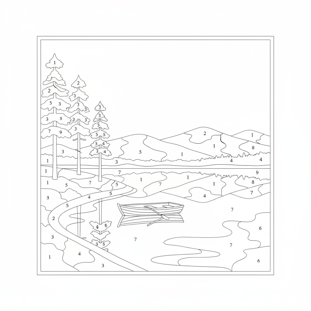 AI paint by numbers generator example — an outline template of a lake with pine trees and a rowing boat, with small numerals printed inside the regions