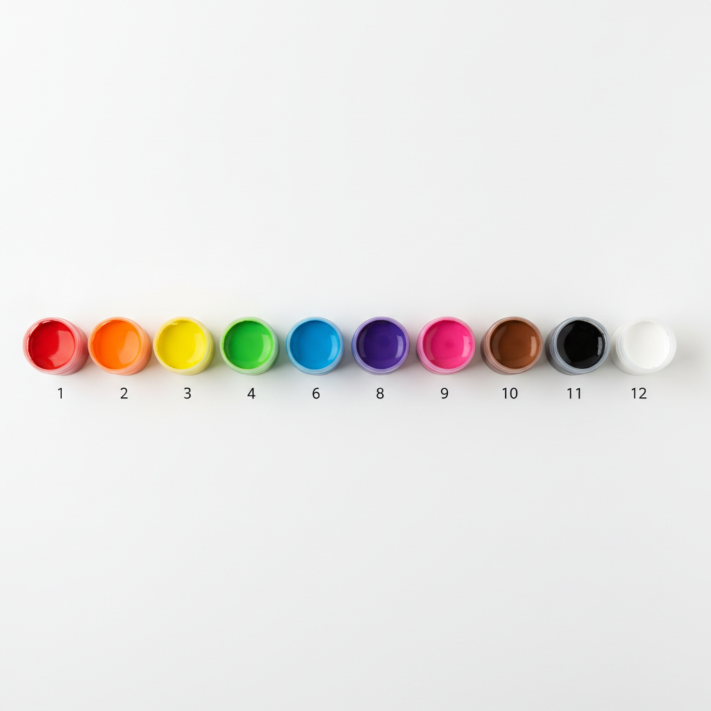 AI paint by numbers generator example — a row of open acrylic paint pots on a white desk with printed numbers underneath them