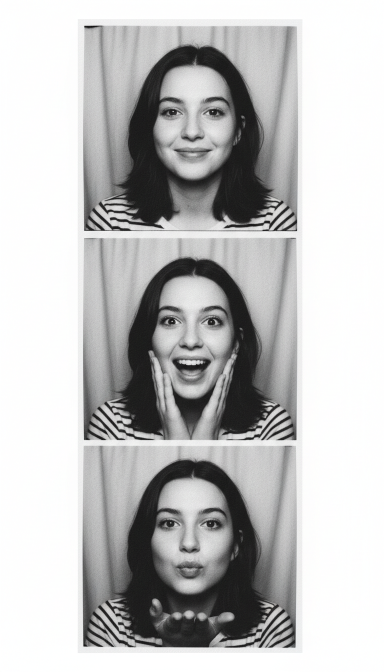 AI photo booth generator example — a black and white photo booth strip of a young woman in a striped shirt pulling a different expression in each frame