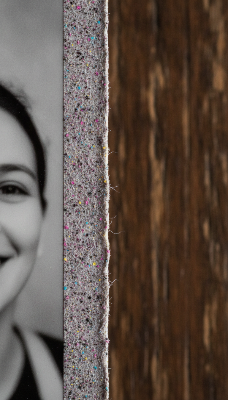 AI photo booth generator example — an extreme macro of the frayed cut edge of a printed photo booth paper strip on dark wood