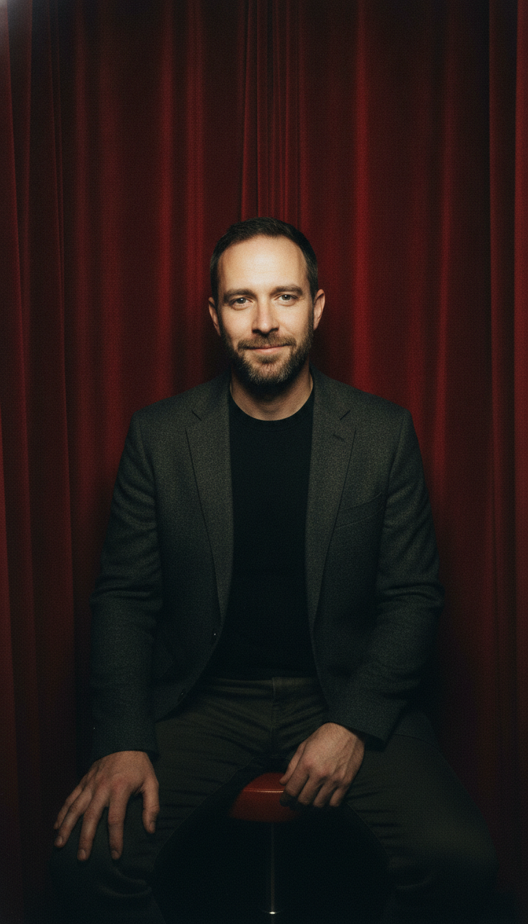 AI photobooth example — a single portrait of a bearded man seated in front of a deep red photo booth curtain