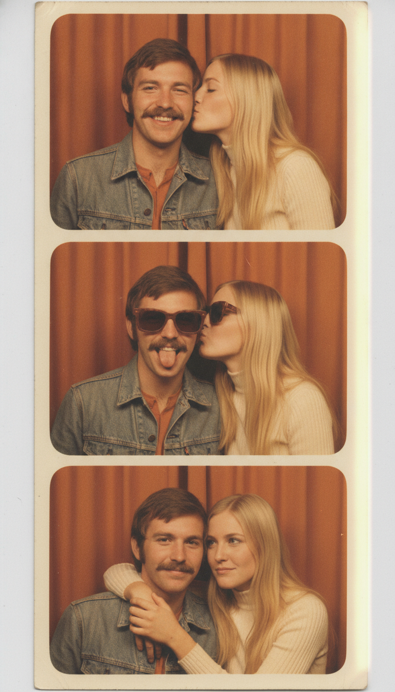 Vintage photo booth generator example — a faded 1970s colour photo booth strip of a couple, the man in a denim jacket and the woman with long blonde hair