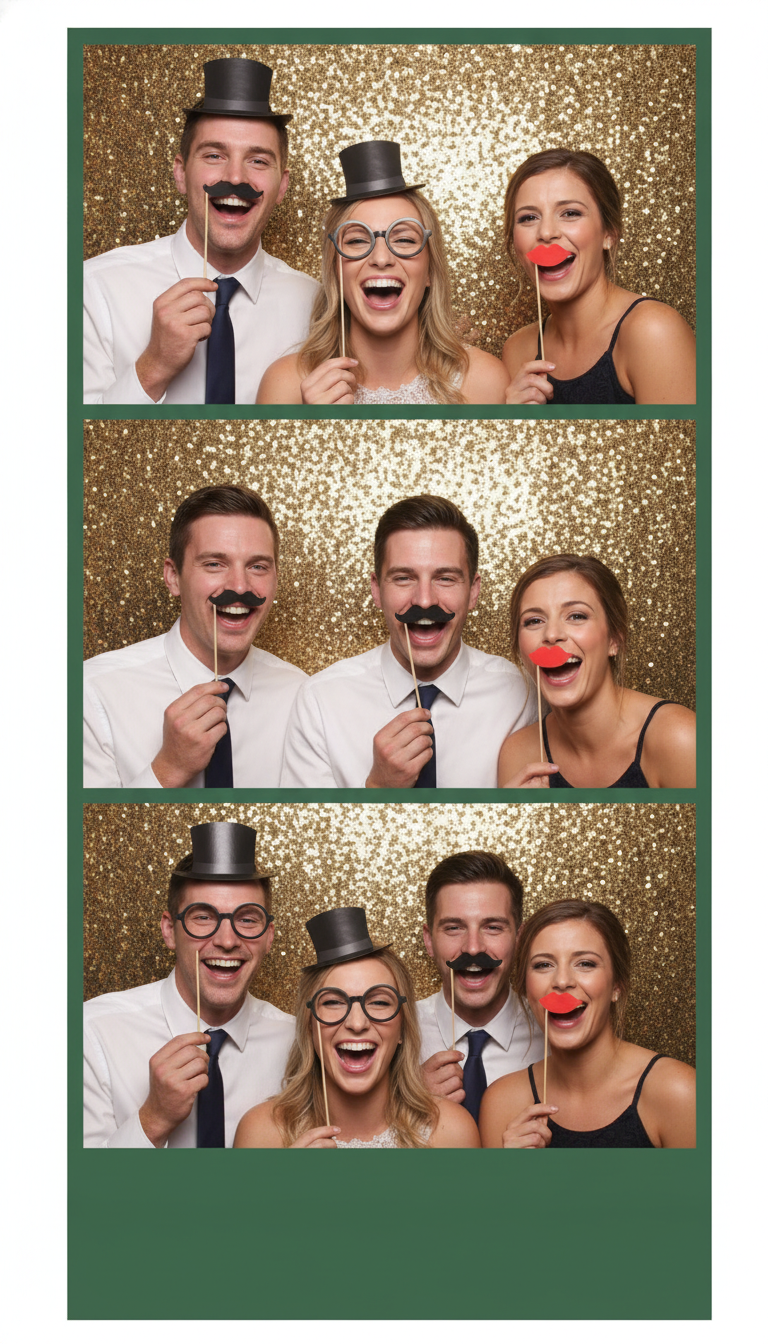 AI photo strip generator example — a wedding photo booth strip of guests holding paper props against a gold sequin backdrop with a green caption panel