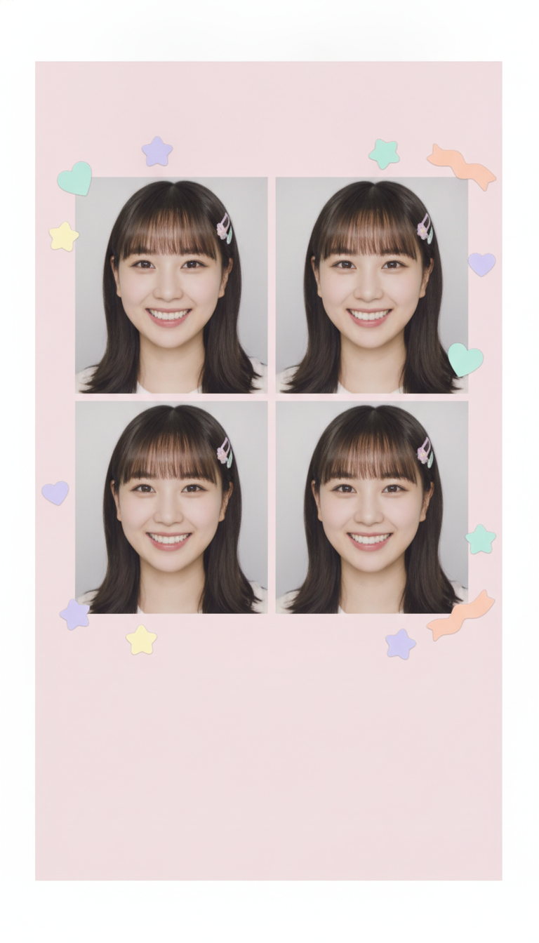 AI photo booth generator example — a Y2K pink Korean-style photo booth print with a two by two grid of four portraits and pastel stickers