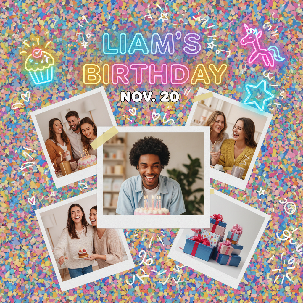 AI photo collage maker output of a colorful Instagram story-style birthday collage with confetti background, rotated tilt photos, neon party stickers and bubble typography