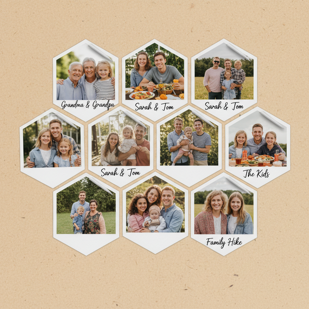 AI photo collage maker output of a cozy family photo collage in a hexagonal honeycomb layout with multi-generational portraits, warm beige background and polaroid corner frames