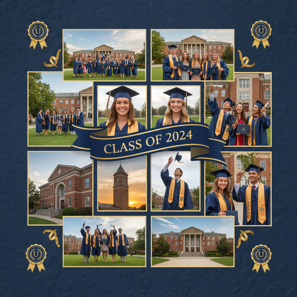 AI photo collage maker output of a graduation memories collage with cap-and-gown portraits, navy and gold palette, ribbon banner with year and yearbook layout