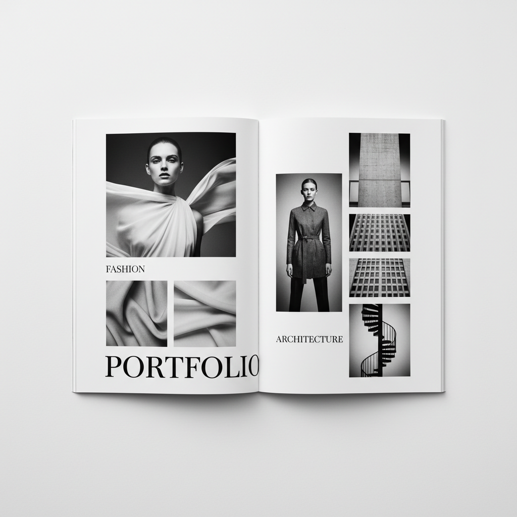 AI photo collage maker output of a minimalist black-and-white photography portfolio collage in a clean asymmetric magazine grid with editorial portraits and serif typography labels