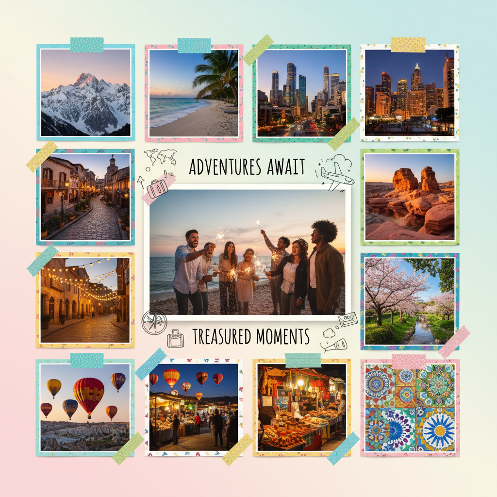 AI photo collage maker output of a vibrant travel memories collage with multiple photos arranged in a grid, mountains and beaches and city skylines, paper-tape borders, soft pastel scrapbook background