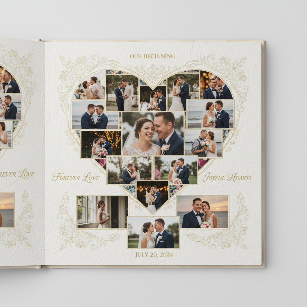 AI photo collage maker output of an elegant wedding photo collage with heart-shaped layout, ivory cream background, gold floral accents and calligraphy script labels