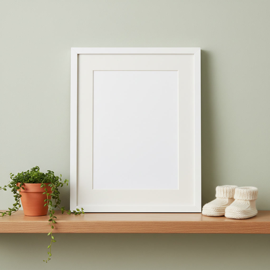 AI pregnancy announcement generator example — an empty white picture frame on an oak shelf against a sage wall, with a trailing plant and knitted baby booties