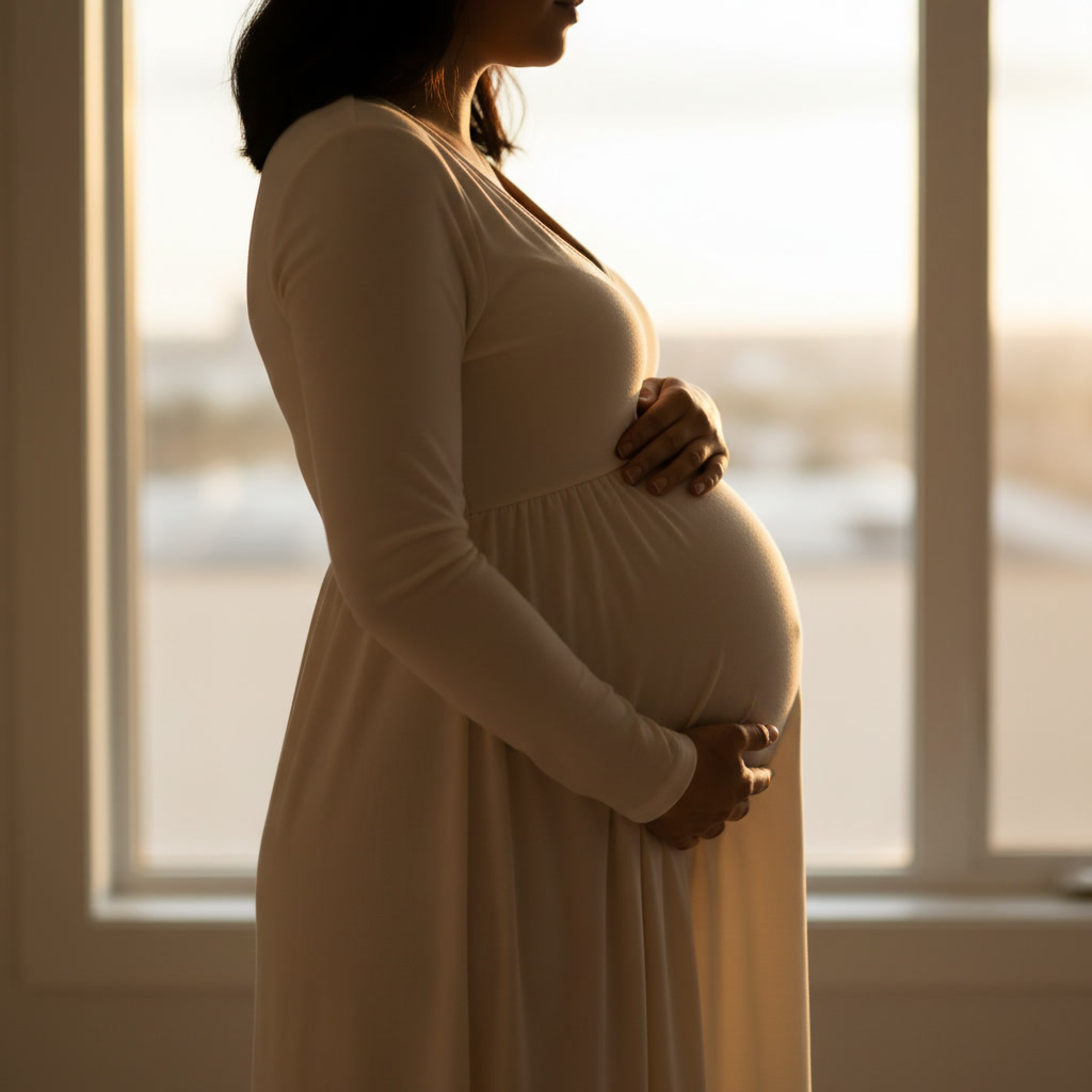 AI pregnancy announcement generator example — a pregnant woman in profile in a cream dress at a window in golden hour light, both hands on her bump