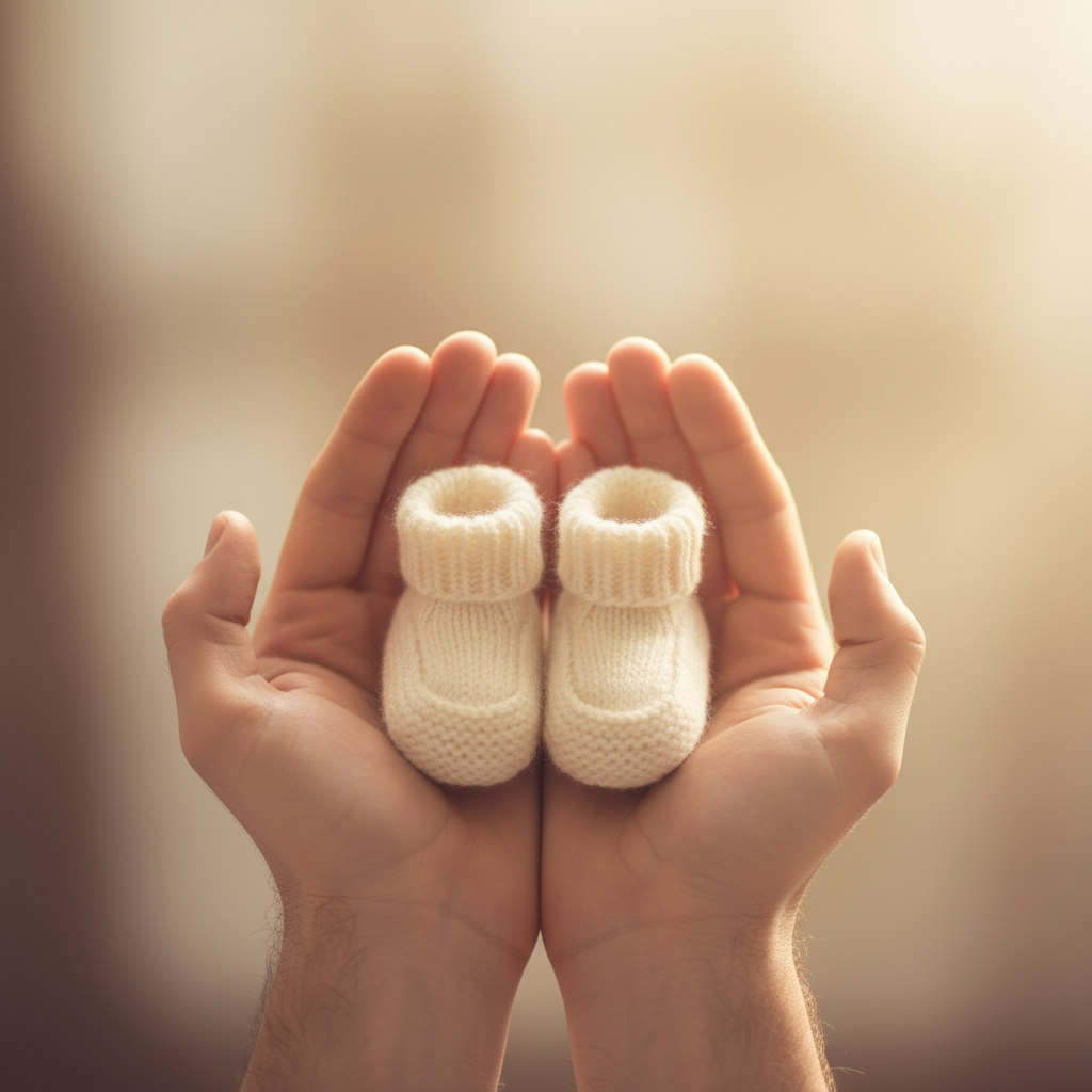 AI pregnancy announcement generator example — two cupped adult hands holding a pair of cream knitted baby booties in warm window light