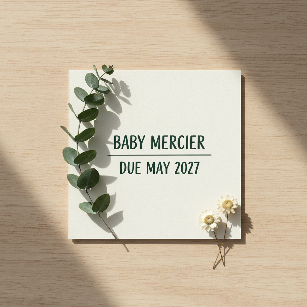 AI pregnancy announcement generator example — a cream announcement card on an oak table lettered BABY MERCIER above DUE MAY 2027, with eucalyptus and dried flowers