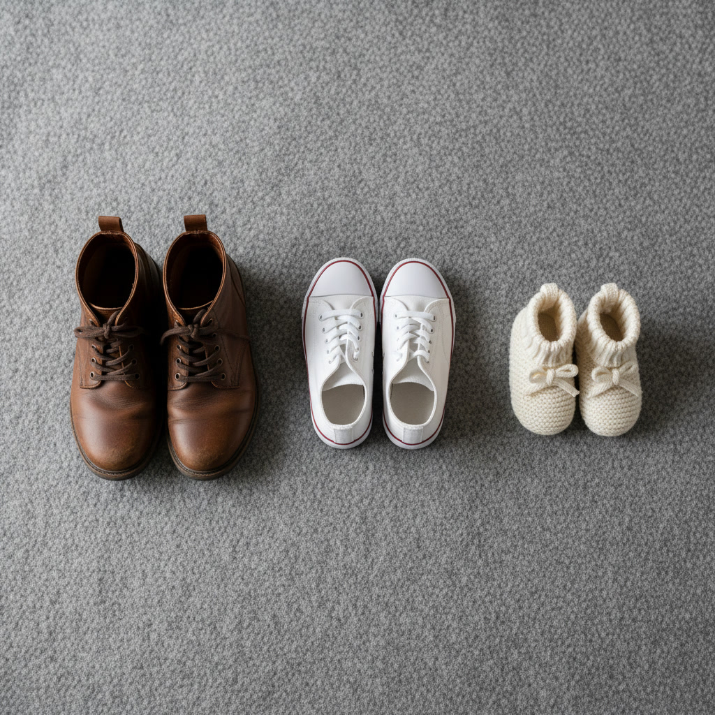 AI pregnancy announcement generator example — three pairs of shoes on a grey blanket, brown boots, white sneakers and tiny knitted baby booties