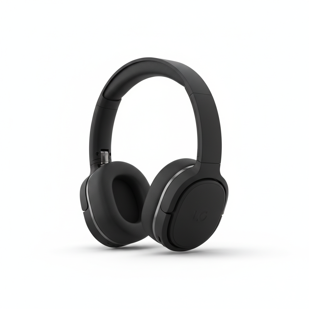 Efficient image processing example — matte black over-ear wireless headphones isolated on a pure white seamless studio background with a soft contact shadow