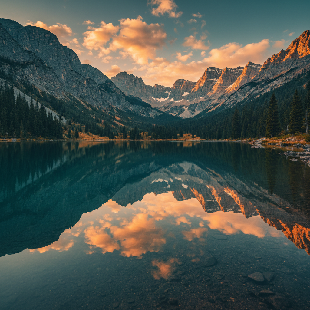 High-performance editing result — a mountain lake at golden hour with cinematic teal and orange colour grading and sharp reflections in the water
