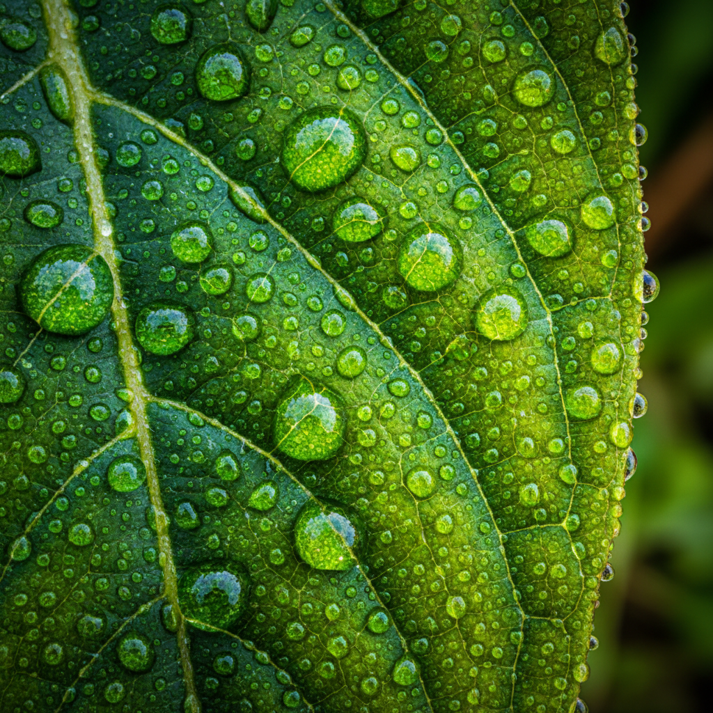 AI image editing detail enhancement — a macro photograph of a dew-covered green leaf upscaled so every water droplet and vein is razor sharp