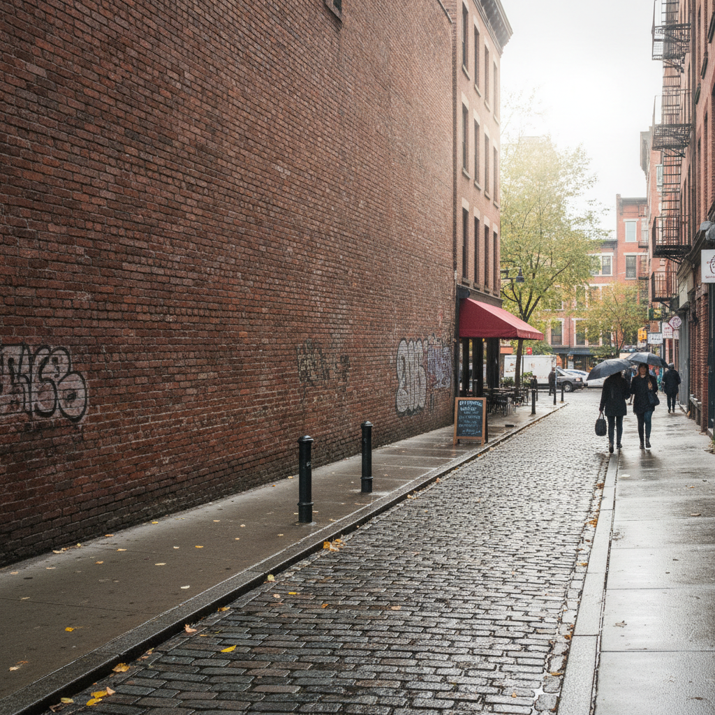 Fast AI tools object removal result — a rain-wet cobblestone city street beside a long graffitied brick wall, cleared of parked vehicles with the wall and pavement seamlessly reconstructed behind them