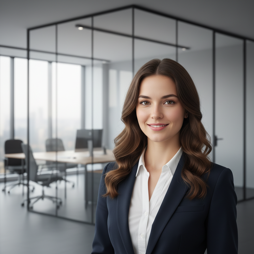 AI art solutions background replacement result — a smiling person in a navy blazer and white shirt composited onto a softly blurred modern glass-walled office interior with natural edge blending around the hair