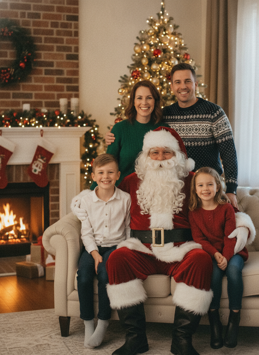 AI Santa photo generator example — a family of four seated with Santa Claus on a sofa beside a lit Christmas tree and a burning fire
