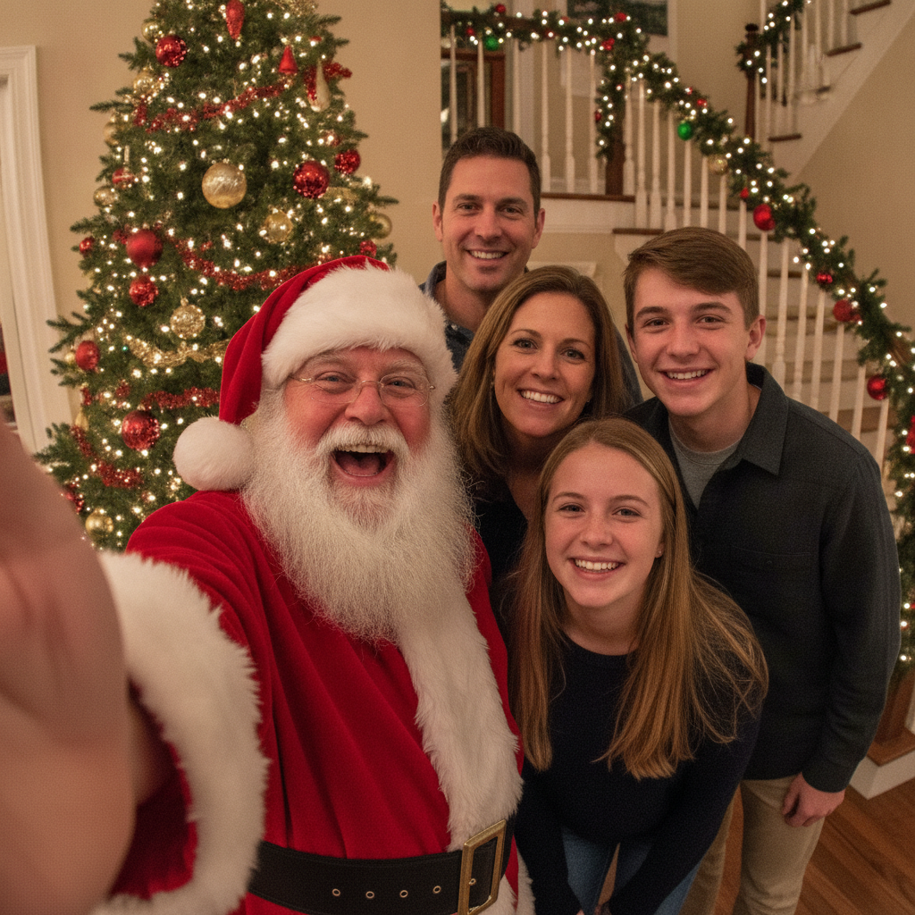 AI Santa photo generator example — a handheld group selfie of Santa Claus and four family members in front of a Christmas tree and a garlanded staircase