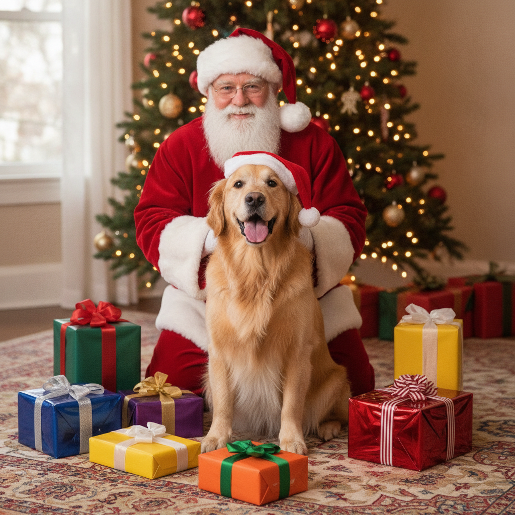 AI Santa photo generator example — Santa Claus kneeling beside a golden retriever in a red hat surrounded by wrapped presents