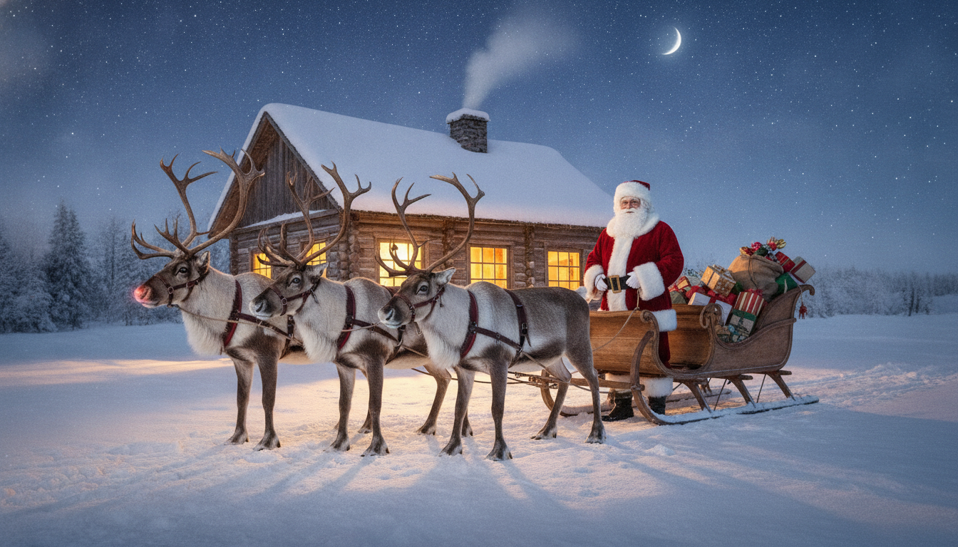 AI Santa photo generator example — Santa Claus beside a loaded sleigh and harnessed reindeer on snow outside a lit timber workshop at night