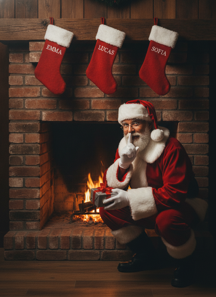 AI Santa photo generator example — Santa Claus kneeling at a fireplace at night below three red stockings embroidered EMMA, LUCAS and SOFIA