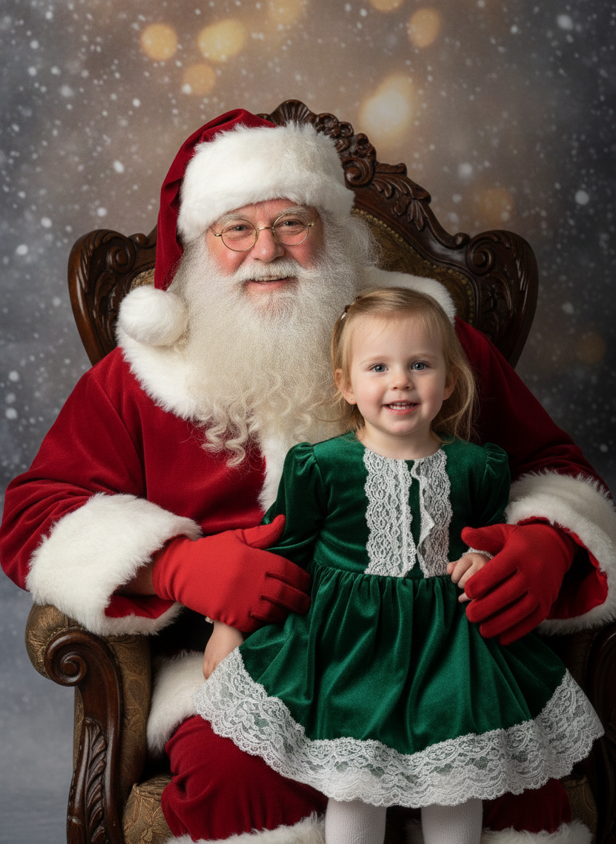 AI Santa photo generator example — a classic studio portrait of a small child on Santa Claus’s knee against a painted snowy backdrop