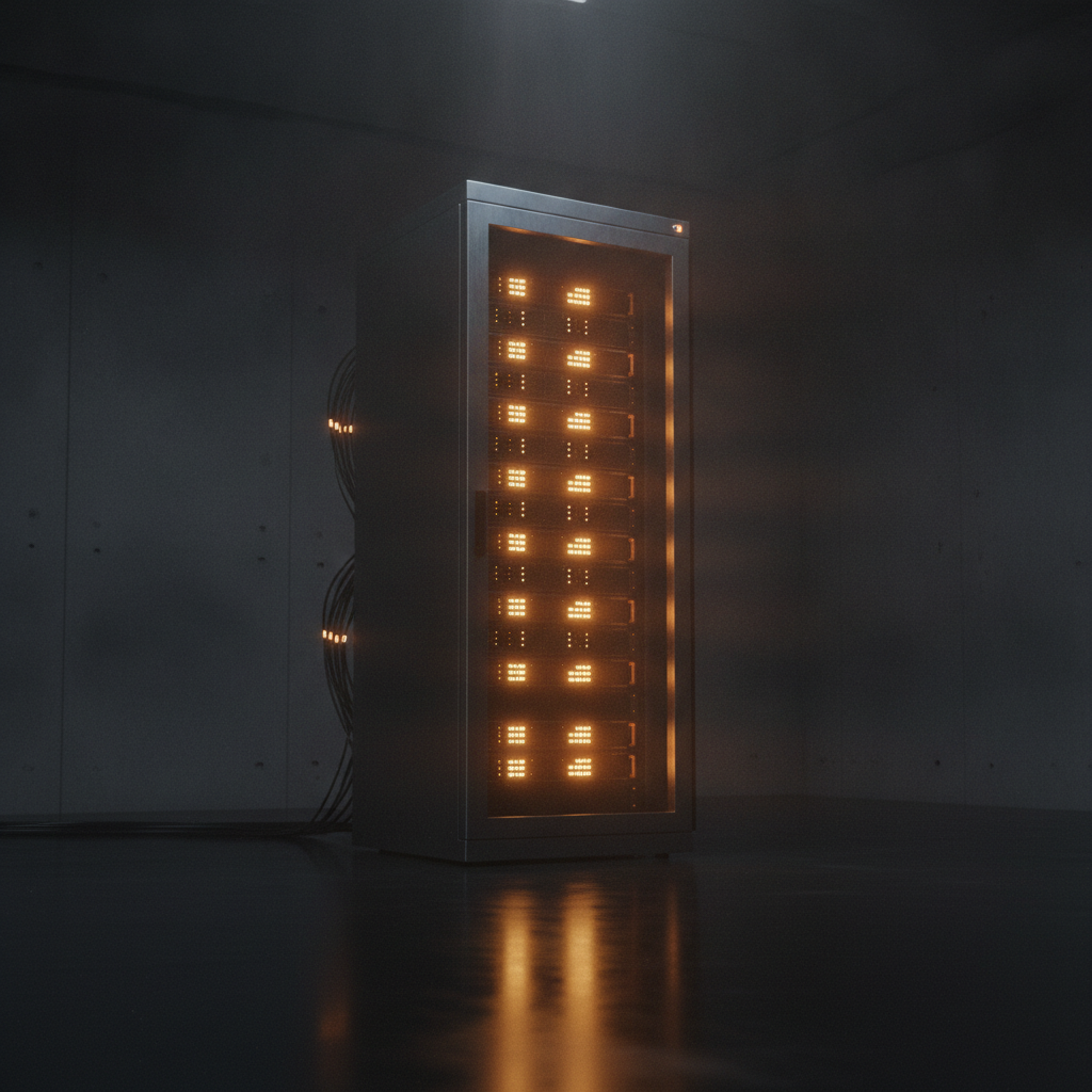 Self-hosted AI image tool hardware: a private server rack glowing with warm amber indicator LEDs inside a dark minimalist machine room