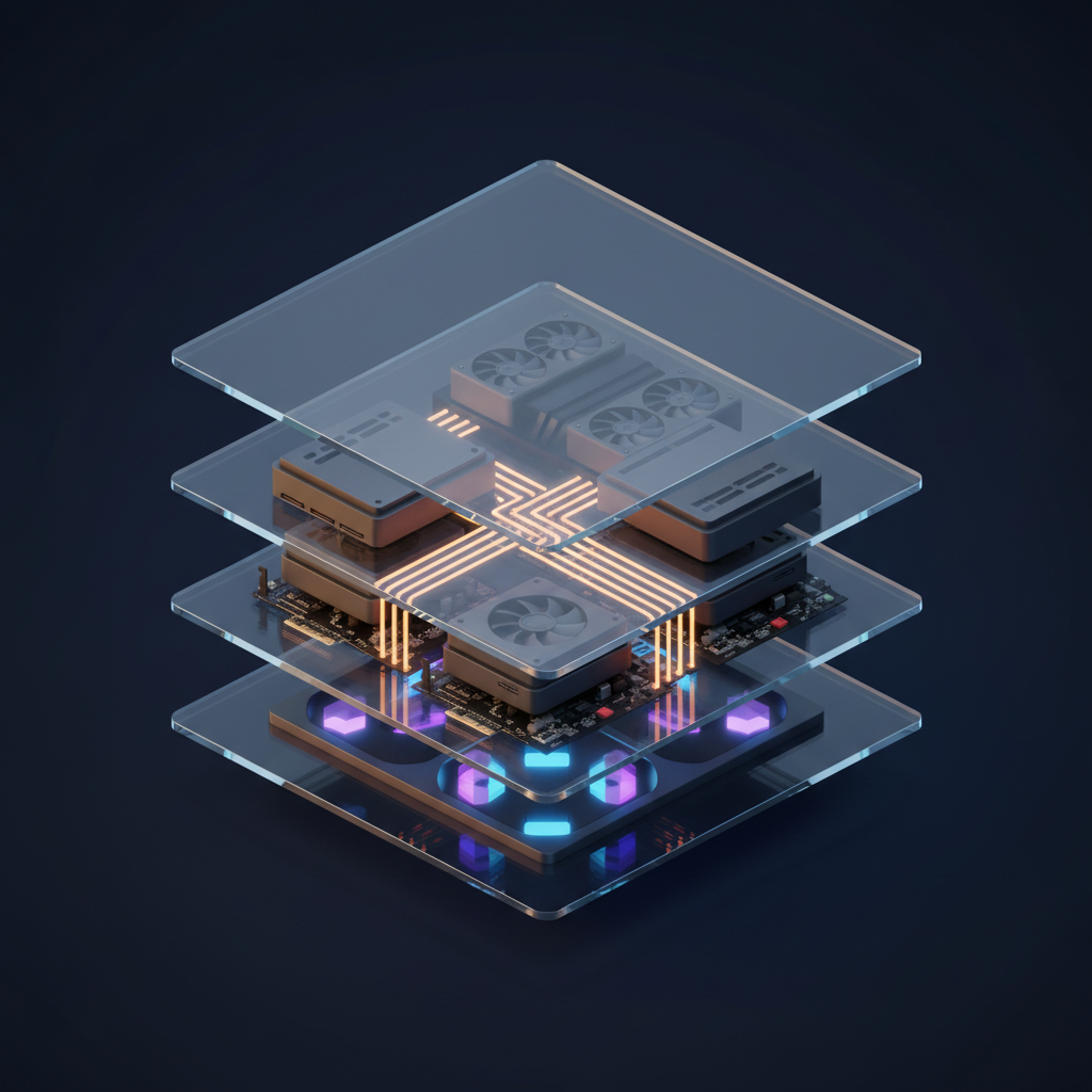 Isometric illustration of a self-hosted AI image generation stack: four translucent glass layers on a deep navy ground holding GPU cards, cooling fans and circuit boards, linked by glowing amber conduit lines