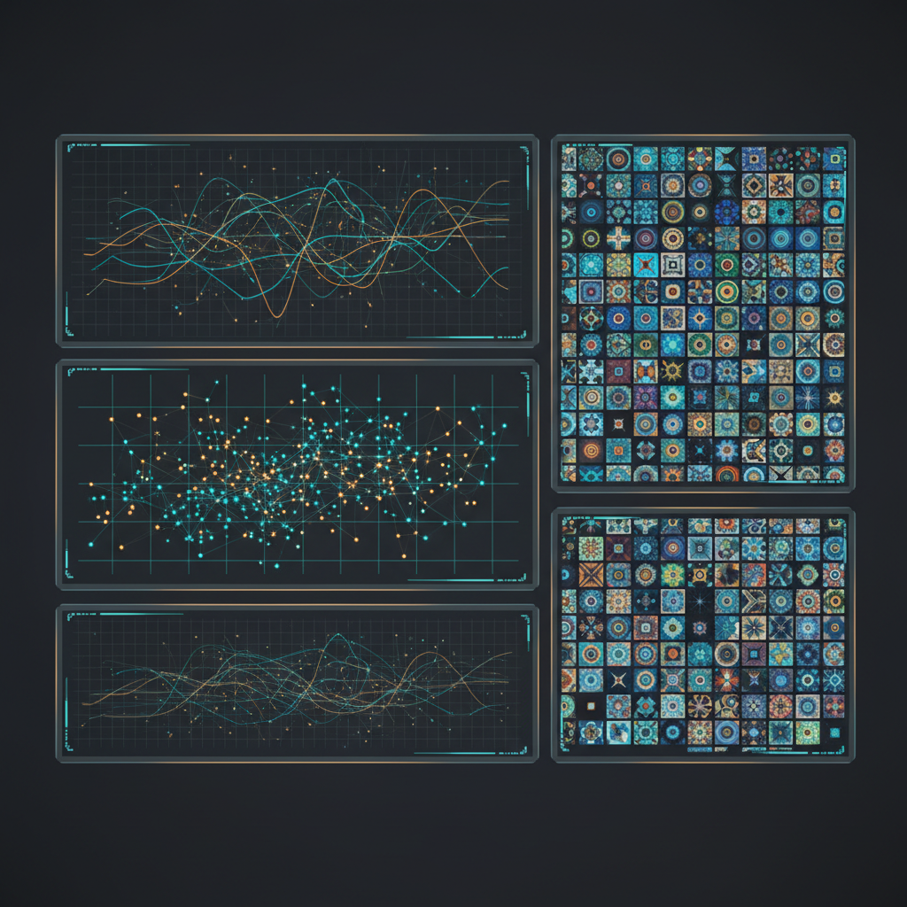 A dark control dashboard of five panels showing GPU utilisation line graphs, a scatter plot of connected nodes and two dense grids of generated image thumbnails, in amber and teal on deep charcoal