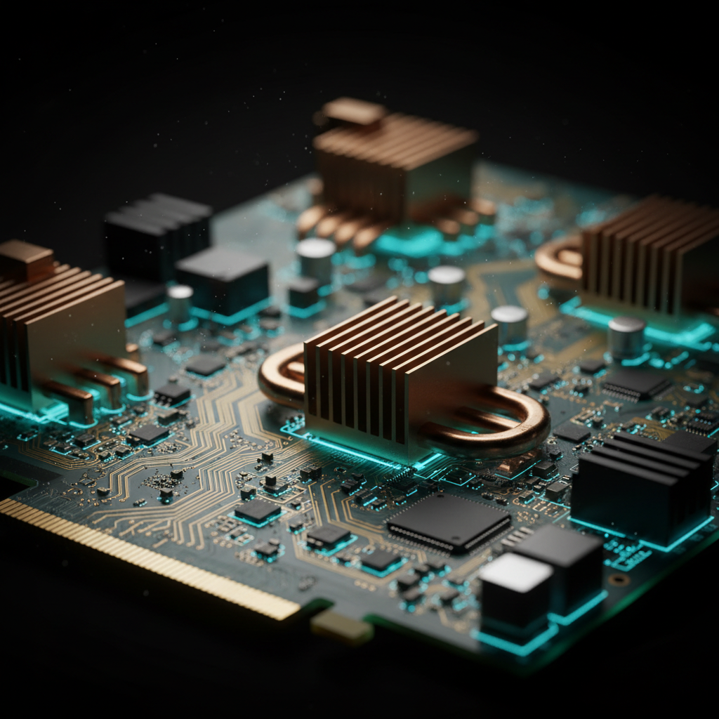 Macro photograph of a GPU circuit board with copper heat sinks and glowing teal traces under dramatic dark studio lighting, the hardware whose VRAM gates local image generation