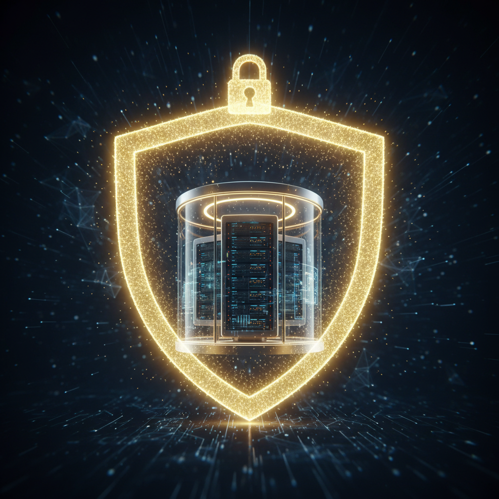 A glowing shield of light forming a protective dome over a small private data centre, symbolising air-gapped data sovereignty