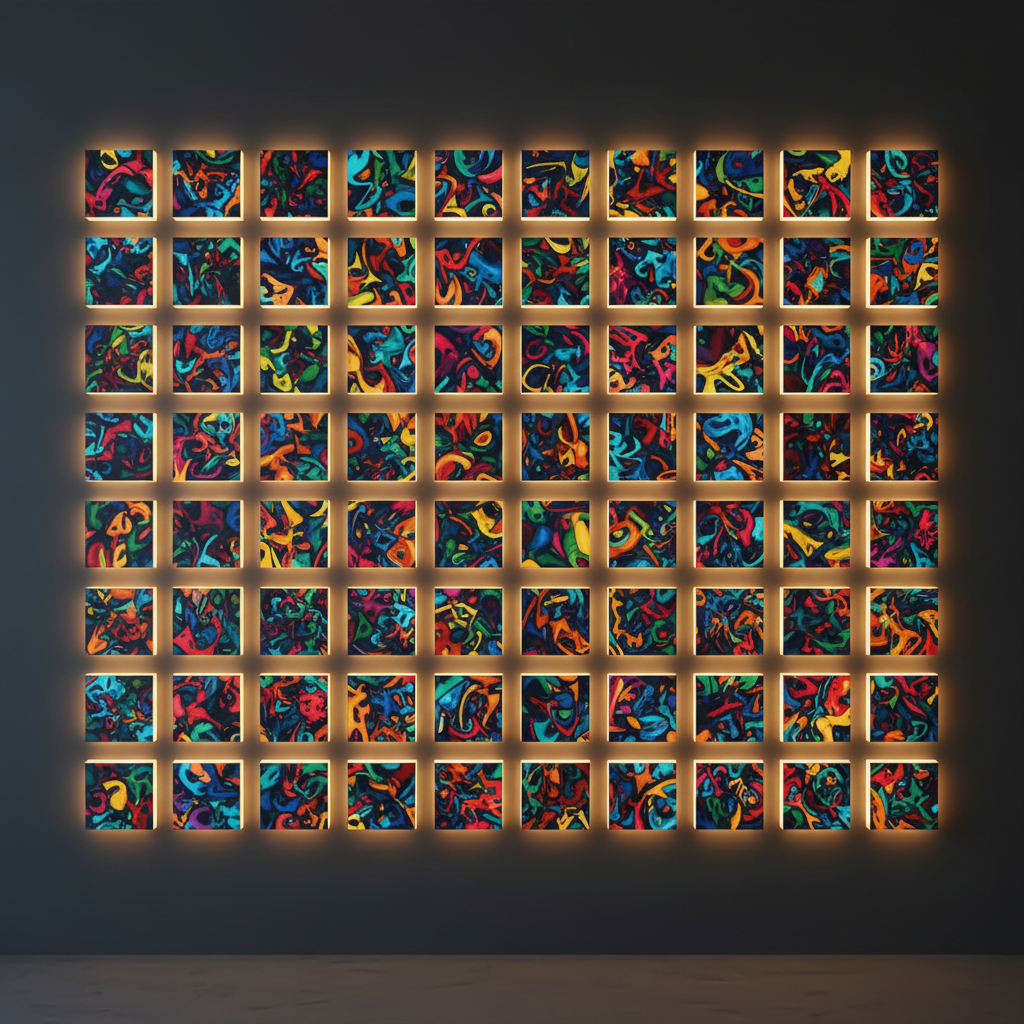 A wall of eighty small colourful abstract art tiles arranged in even rows on dark charcoal, each backlit with a warm golden glow, showing the batch output of an on-premise generation run