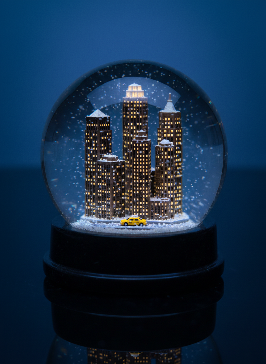 AI snow globe generator example — a miniature snow covered city skyline of lit skyscrapers sealed inside a snow globe on a black base at night