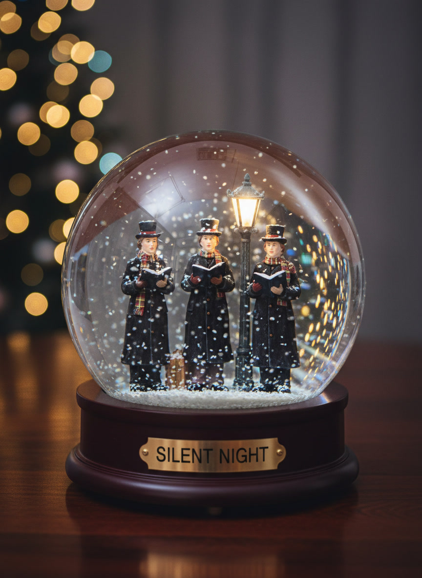 AI snow globe generator example — a classic Christmas snow globe holding three Victorian carol singers around a street lamp, on a dark wooden base engraved SILENT NIGHT