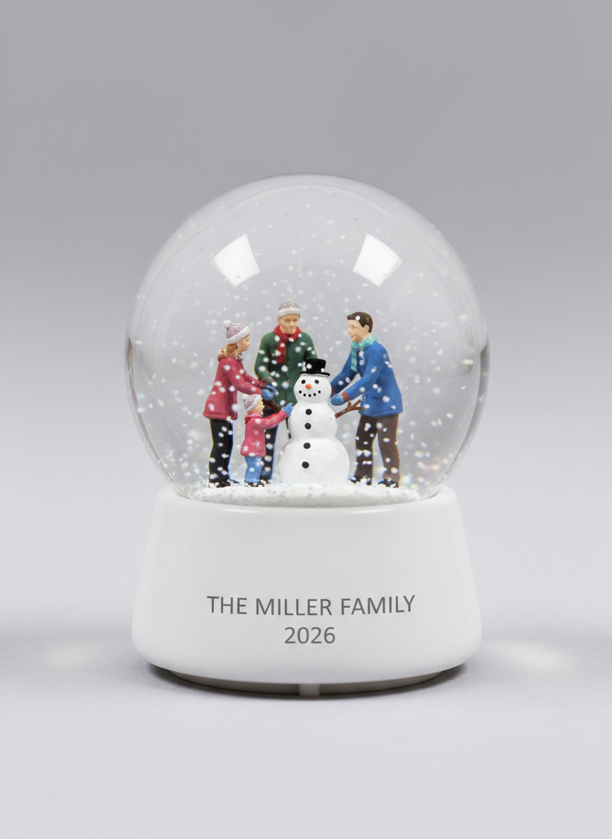 AI snow globe generator example — a keepsake snow globe of a family of four building a snowman, on a white ceramic base engraved THE MILLER FAMILY 2026