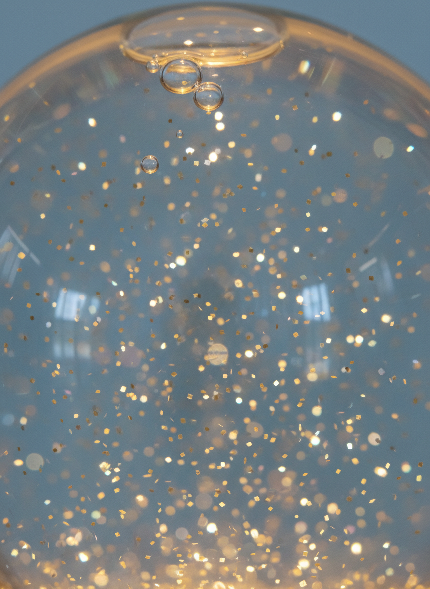AI snow globe generator example — extreme macro of gold glitter suspended in the water inside a snow globe with air bubbles at the top of the dome