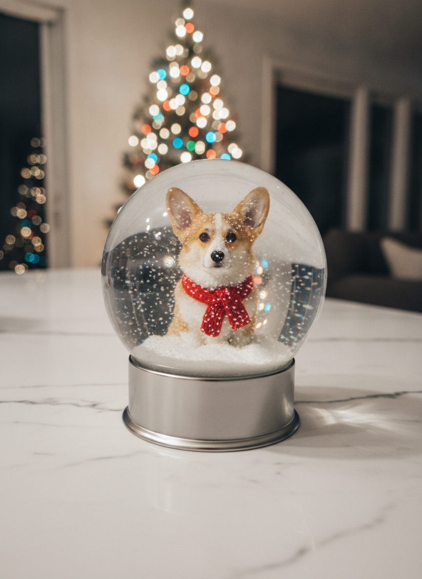 AI snow globe generator example — a corgi in a red knitted scarf sealed inside a glass snow globe on a marble counter, with a lit Christmas tree behind