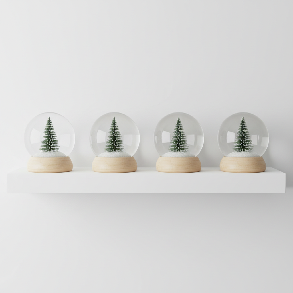 AI snow globe generator example — four snow globes in a row on a white shelf, each holding a single fir tree