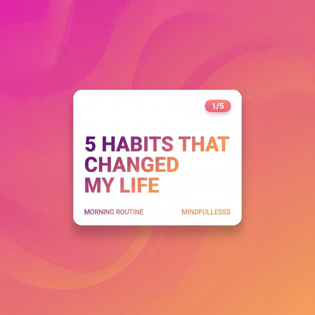 AI social media content creator output of an Instagram carousel post slide with bold pink-orange gradient background, modern headline typography and 1/5 page indicator