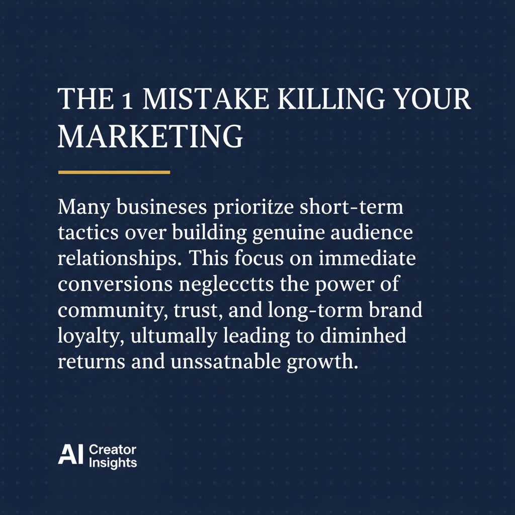 AI social media content creator output of a LinkedIn insight card with navy background, serif headline about marketing mistakes and gold accent in executive thought-leadership style