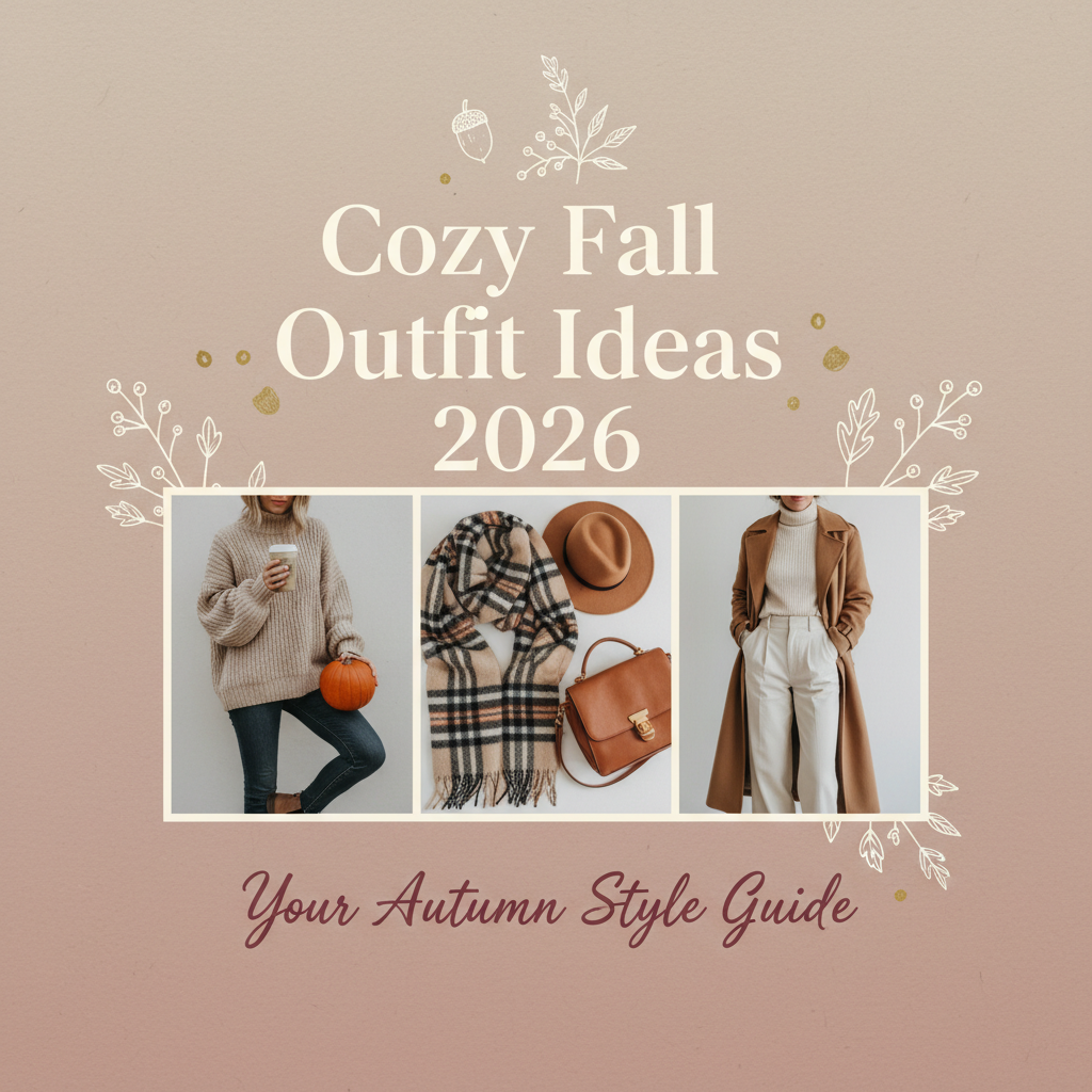 AI social media content creator output of a Pinterest pin graphic with warm beige background, elegant serif headline about cozy fall outfit ideas and lifestyle photo strip